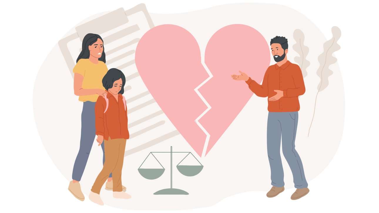 Illustration of a family discussing in front of the image of a broken heart, a contract and a scale representing justice.