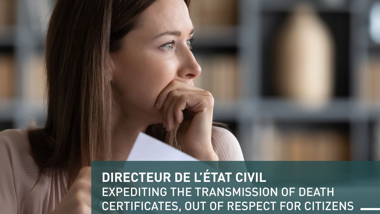 Cover image of the special report on the Directeur de l'état civil showing a pensive woman.
