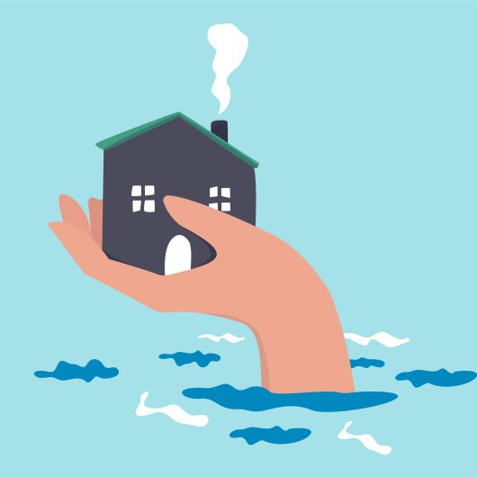 Illustration of a Hand Holding a House Above Water
