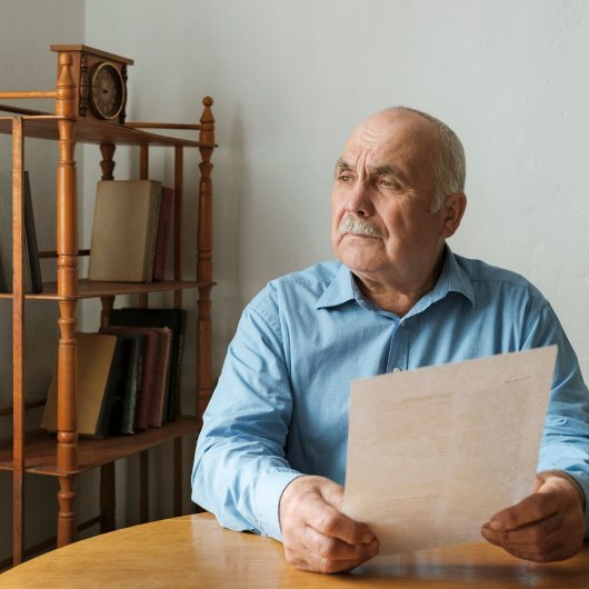 Un aîné tient un document dans ses mains en regardant au loin d'un air triste.