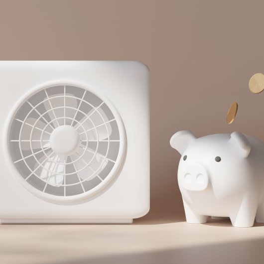 Piggy bank placed next to a heat pump